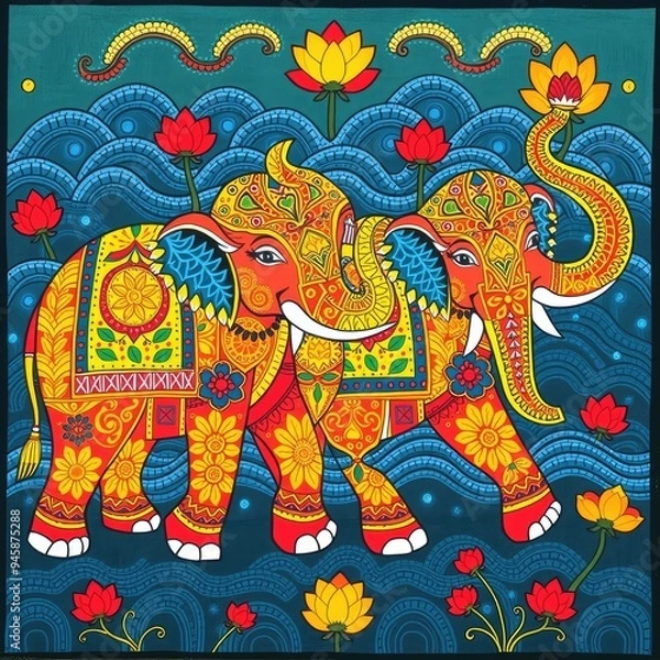 Fototapeta Pattern with elephant, Abstract painting, elephant pattern, flower ornament pattern.seamless pattern with elephant and flowers	