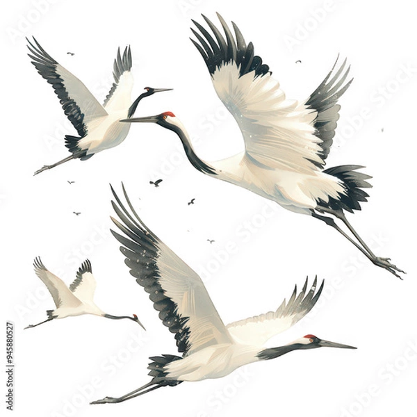 Fototapeta A digital illustration of three white-crowned cranes in flight against a white background