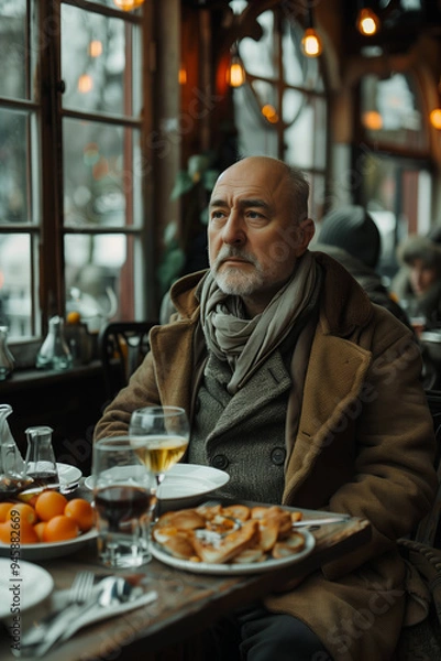 Fototapeta Pensive Man Enjoying a Cozy Winter Meal in a Rustic Cafe