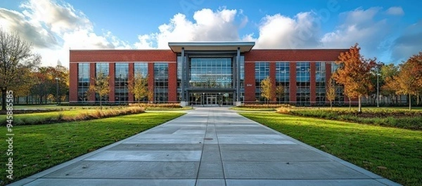 Fototapeta Exterior of a modern red brick high school building with large windows and a green grass lawn in front. In the background is a blue sky with white clouds. 