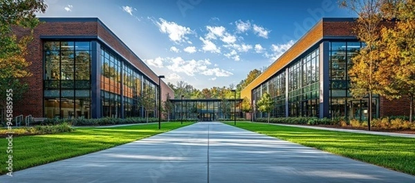 Fototapeta Exterior of a modern red brick high school building with large windows and a green grass lawn in front. In the background is a blue sky with white clouds. 