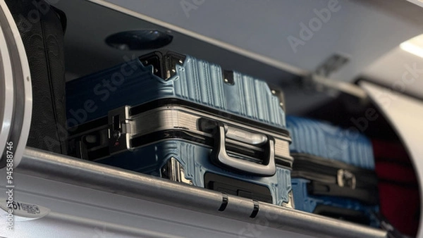 Obraz Carry-on baggage. The suitcases inside the plane are neatly placed on the luggage shelf.