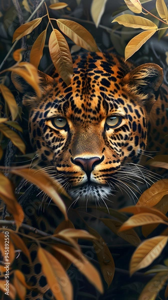 Fototapeta A closeup image captures the intensity in the eyes of a leopard, as it blends impeccably among autumn leaves, showcasing the majesty and enigmatic nature of this elusive predator