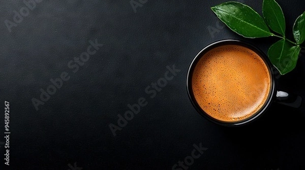 Fototapeta   A coffee cup on a black table with a green plant in the background