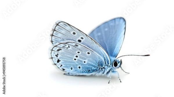 Fototapeta Tiny Blue Butterfly Resting With Closed Wings on White Background
