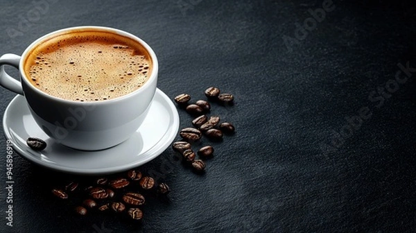 Fototapeta   A coffee bean sits atop a cup of coffee resting on a saucer next to a pile of coffee beans on a black surface