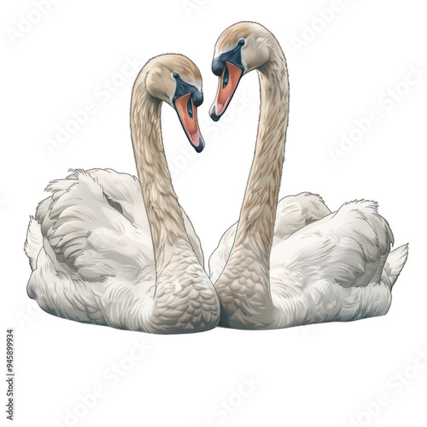 Fototapeta A childrens book illustration depicting two swans forming a heart shape with their necks. The swans are facing each other with their heads tilted towards one another