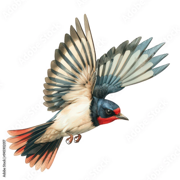 Fototapeta A charming illustration of a swallow in mid-flight, rendered in a colorful, stylized manner, evoking a playful childrens book aesthetic