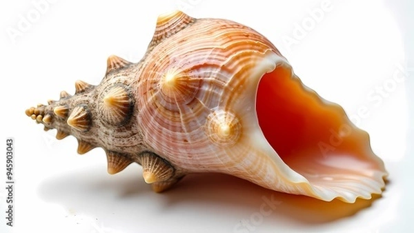 Fototapeta Detailed Conch Shell with Glossy Spiral Patterns and Natural Pink to Orange Colors on White Background