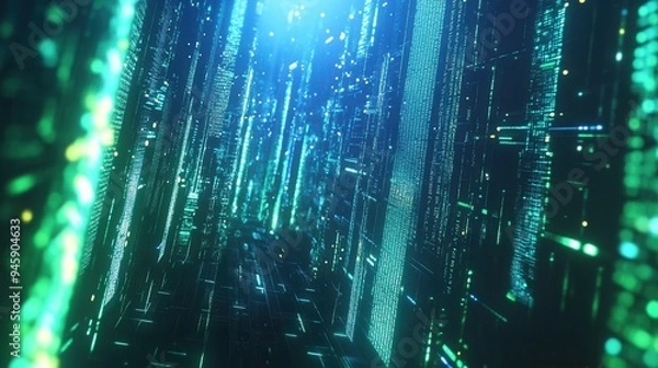 Fototapeta Futuristic Digital Background with Blue and Green Lights and Flowing Data Lines in Urban Cityscape. AI generated illustration