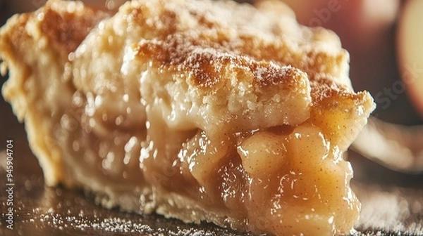 Fototapeta   A close-up of a pie with powdered sugar on top and an apple in the background