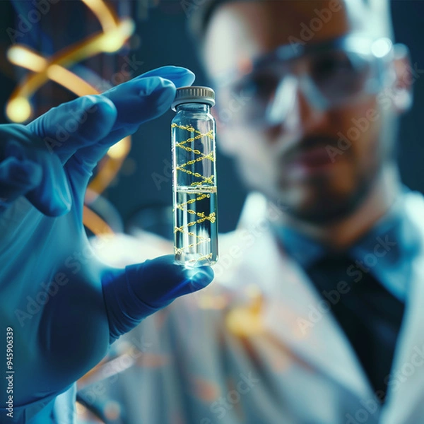 Fototapeta Genetics research. Scientist holding vial with liquid and illustration of DNA structure