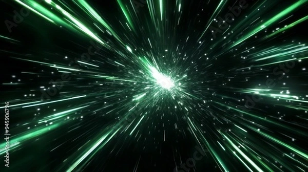 Fototapeta A futuristic light tunnel abstract background with a bright white star explosion. Light speed, black green and cyan light beams flying fast from center to edges of screen.