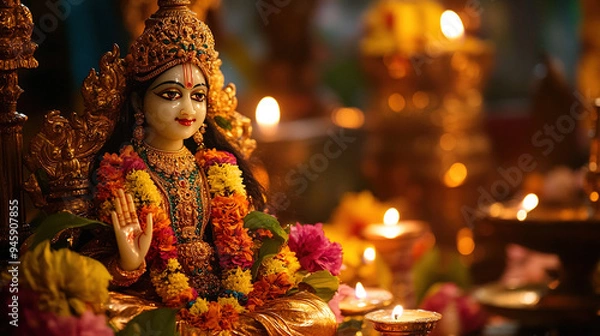 Fototapeta Close up of a beautifully decorated Krishna statue with fine details, surrounded by offerings such as colorful flowers and candles