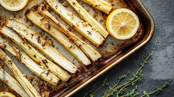 Fototapeta Delicious Baked Salsify Roots with Lemon and Thyme on Baking Tray