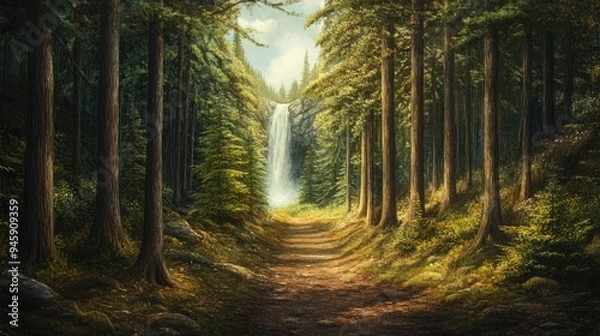 Obraz A forest trail lined with tall pine trees, leading to a hidden waterfall in the distance, under a bright sky.