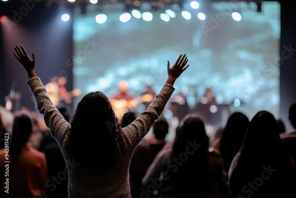 Obraz Hands in the air, people who are praising God and Jesus at a church service with worship band in the background,