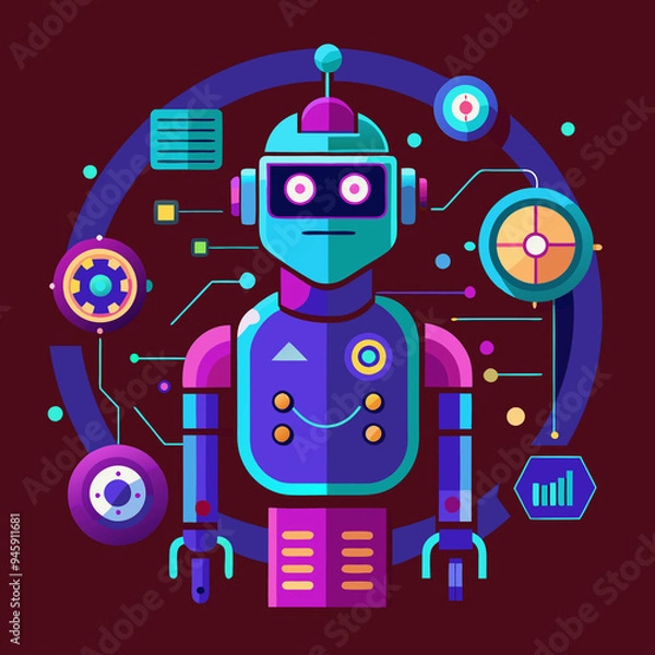 Fototapeta Cute robot cartoon icon character isolated, graphic design sign