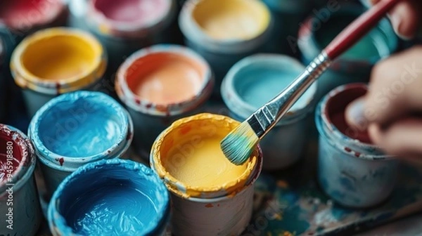 Fototapeta Painting ceramic products using acrylic paint and brush. Making a colorful decoration of a clay project with paint and water.