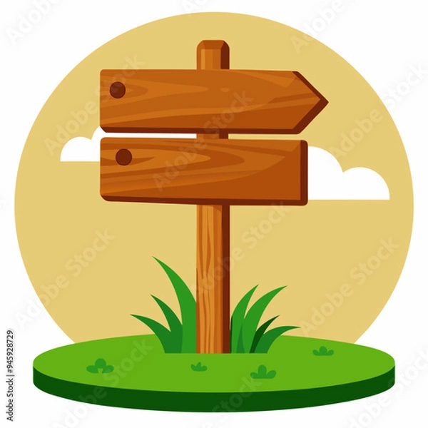 Fototapeta A wooden sign with arrows pointing in opposite directions sits in grass