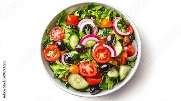 Obraz Fresh Salad Bowl with Vegetables and Olives Isolated