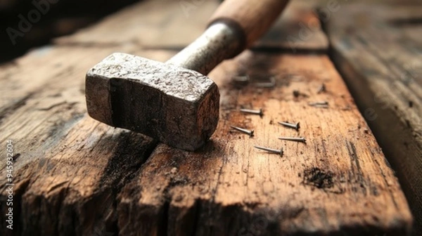 Fototapeta Hammer and Nails on Rustic Wood