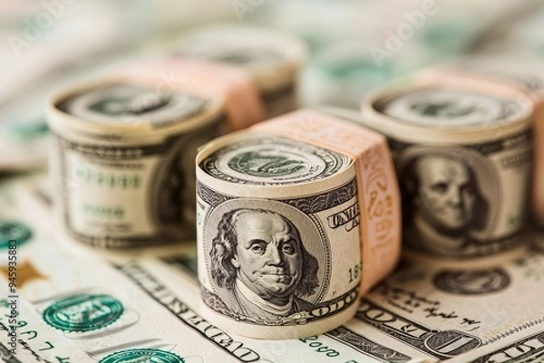 Fototapeta Close-up of three rolled-up stacks of US dollar bills with Benjamin Franklin's portrait visible, lying on a bed of scattered dollar bills.