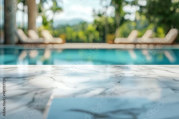 Fototapeta Marble tabletop with blurred background of a swimming pool and lounge chairs.