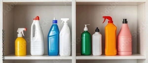 Fototapeta A clean and orderly storage cabinet with disinfectants and food safe cleaners, highlighting how cleanliness routines are essential for minimizing pathogens in stored items