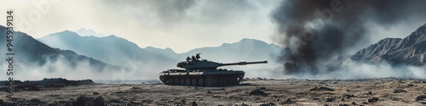 Obraz A solitary tank stationed in a desolate battlefield with smoky mountains in the background under a somber, cloudy sky