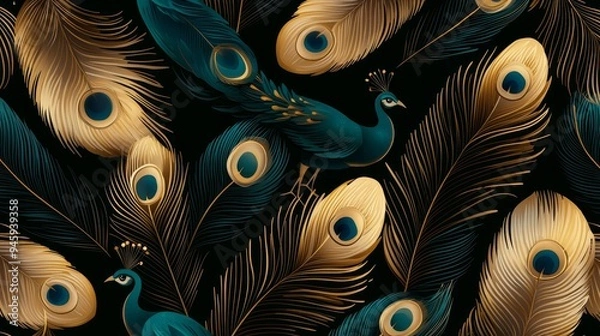 Fototapeta A pattern of elegant peacocks and feathers in shades of teal, gold, and emerald