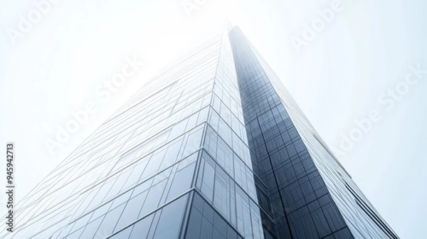 Fototapeta A modern skyscraper viewed from below, showcasing sleek glass and steel architecture.