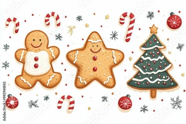 Fototapeta Deliciously decorated Christmas cookies shaped like stars, trees, and gingerbread men with festive sprinkles and candy canes arranged on a flat surface.