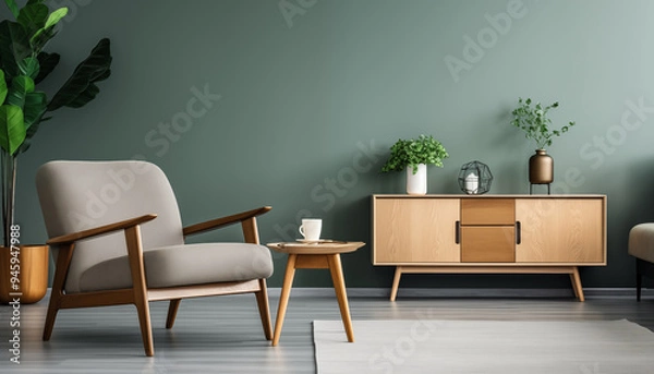 Fototapeta Modern living room with grey armchair wooden side table and green wall