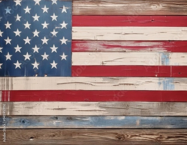 Fototapeta Weathered American flag painted on rustic wooden planks, symbolizing patriotism, history, and American craftsmanship.