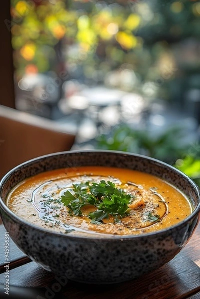 Fototapeta Moroccan-Spiced Carrot Soup with a modern restaurant backdrop and a blurry background, highlighting the aromatic, flavorful soup and gourmet presentation.