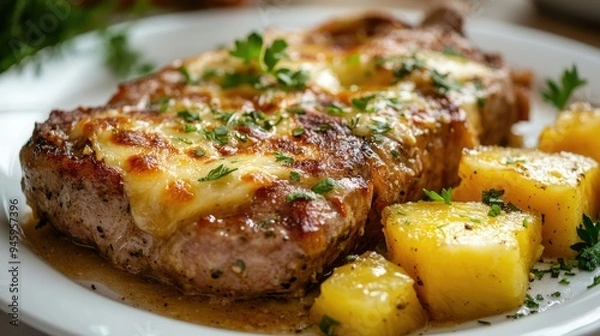 Fototapeta Closeup of baked pork steak with pineapple, covered with golden melted cheese, served on a white plate, highlighting the enticing blend of flavors and textures,