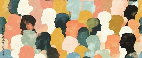Fototapeta In this vibrant and colorful illustration, a variety of diverse faces are placed in geometric patterns, each with its head in stock