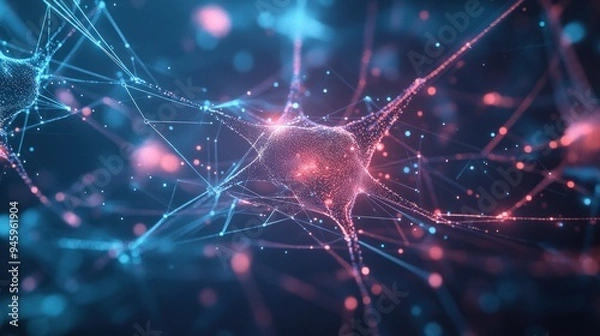 Fototapeta A close up of a brain with red and blue dots