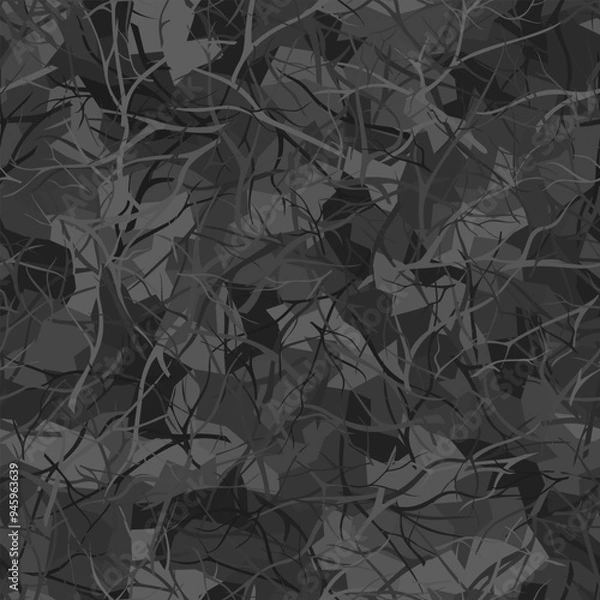 Obraz Dark grayscale military vector leaves repeating floral seamless pattern