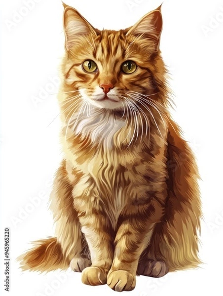 Obraz A cat with a yellow face is sitting on a white background. The cat has a very cute and friendly expression , ai