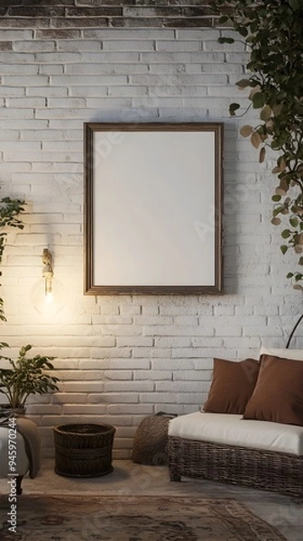 Fototapeta A 3D rendered image of an inviting countryside living area featuring a classic frame mockup displayed on a whitewashed brick wall complemented by vintage dcor and ambient lighting