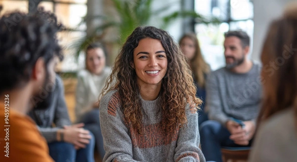 Fototapeta Group therapy session in a warm, inviting room with diverse participants sharing emotional support and connections during a reflective afternoon meeting.