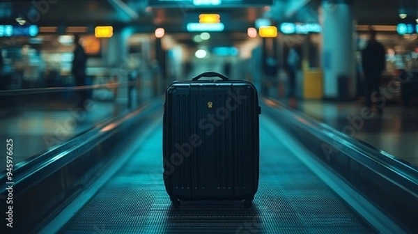 Fototapeta A lone black suitcase glides down the conveyor belt, its polished surface reflecting the terminal lights, drawing curious glances from every direction