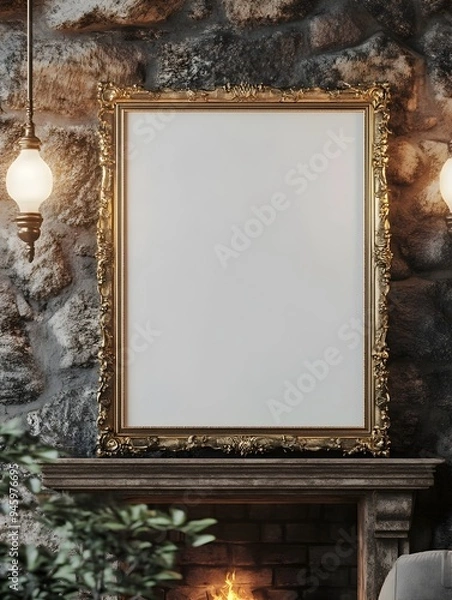 Fototapeta A 3D rendered mockup of an elegant gilded frame prominently placed on a stone fireplace in a farmhouse living room interior