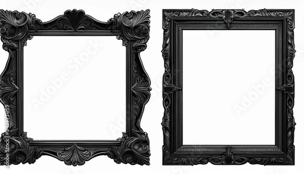 Fototapeta Halloween set of antique baroque black wooden rectangular picture frames isolated on white background. Decorative spooky, mystery, horror frame design. cutout.