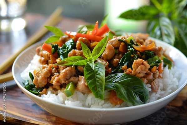 Fototapeta Savory stir-fried meat and vegetables served on white rice for a flavorful and nutritious meal