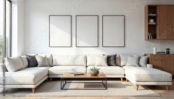 Fototapeta Square coffee table near white sofa and rustic cabinets against white wall with blank poster frames with copy space. Japanese home interior design of modern living room