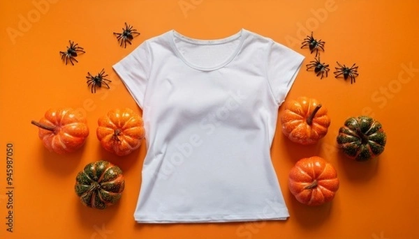 Fototapeta White womens cotton t-shirt halloween mockup with pumpkins and spiders on orange background. Design t shirt template, print presentation mock up. Top view flat lay.