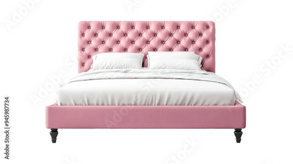 Fototapeta Luxurious pink upholstered bed with tufted headboard and white bedding, creating cozy and inviting atmosphere. 